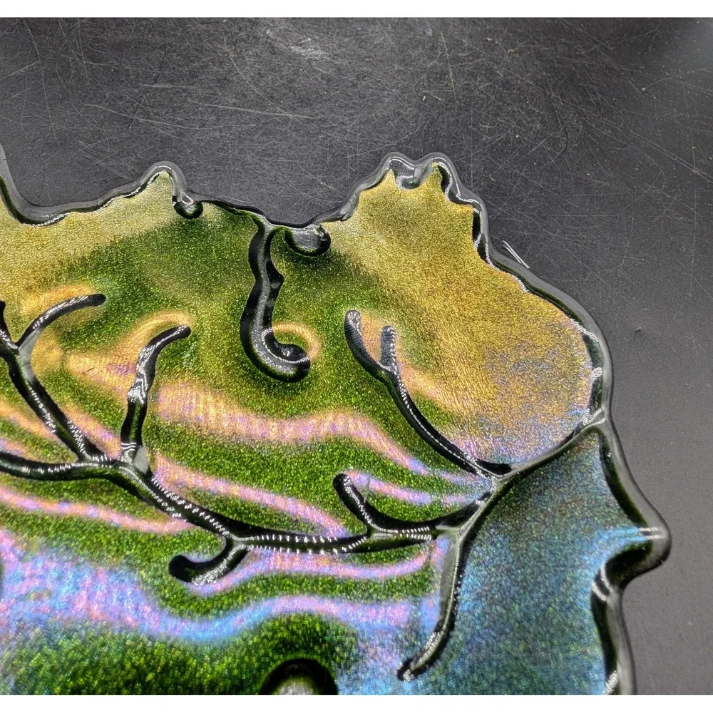 Claritas Studio Fused Art Glass Leaf Dish Iridescent Green Gold M Leeds Signed